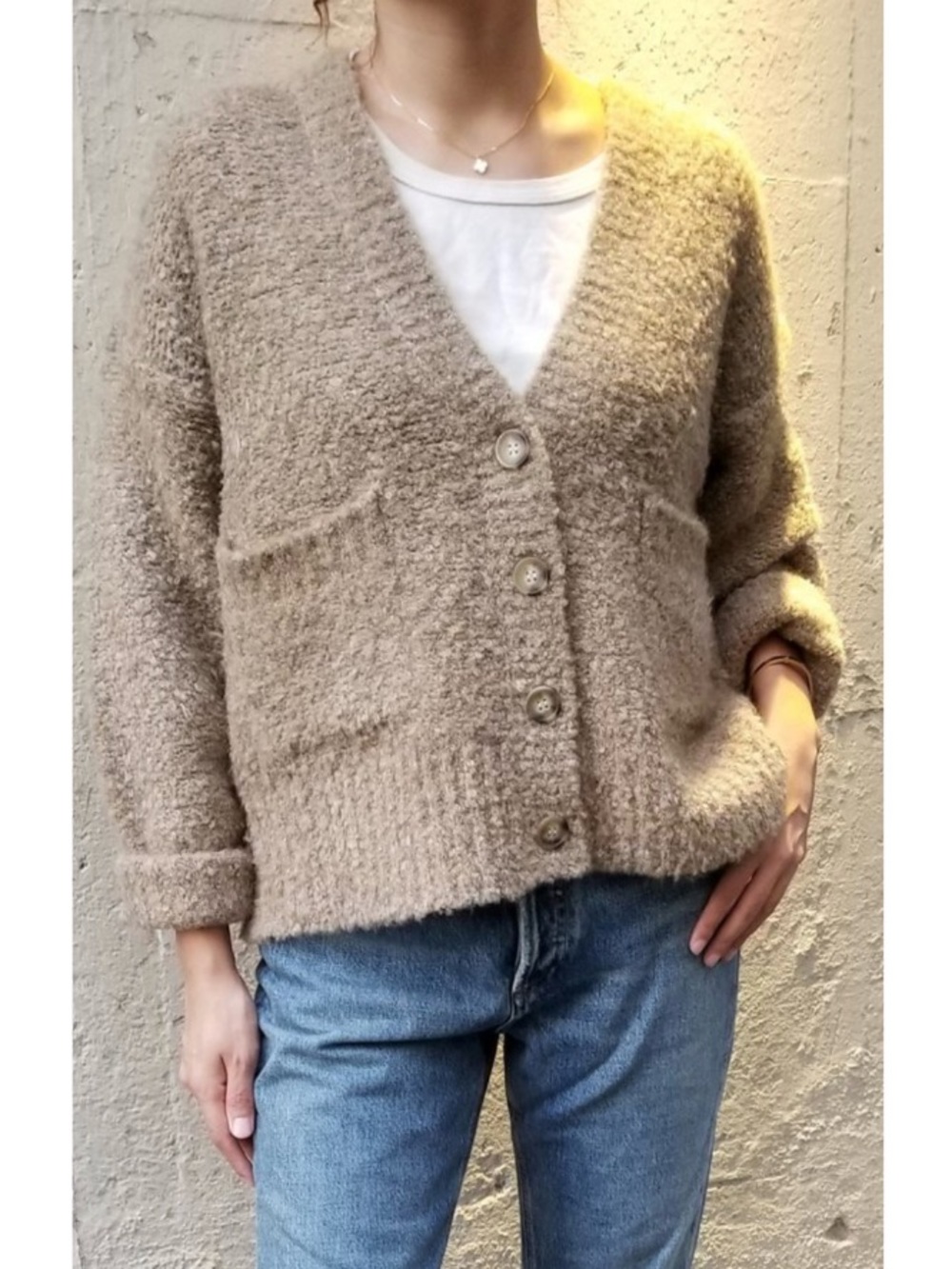Le Bon Shoppe Chaud Knit Cardigan V-Neck Button-Up Sweater Beige Medium/Large